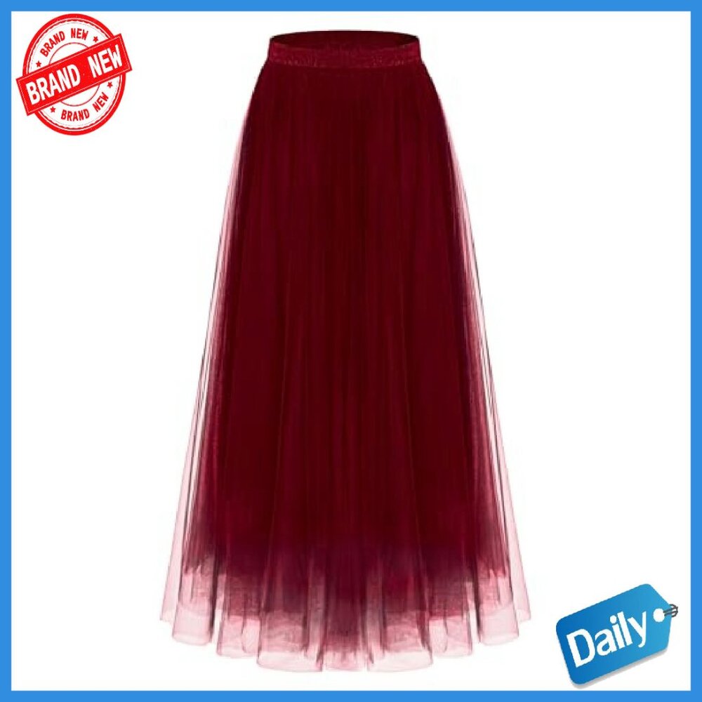 Women's 2-Layer Tulle Midi Skirt Elastic Waist A-Line Work Party - Picture 2 of 8